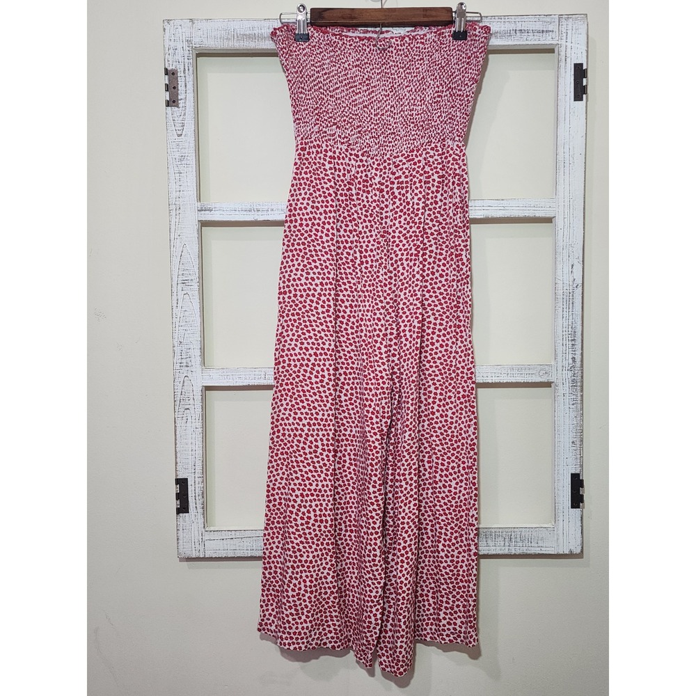 Angashion Womens Strapless Smocked Floral Wide Leg Jumpsuit Red White Small - Picture 3 of 7